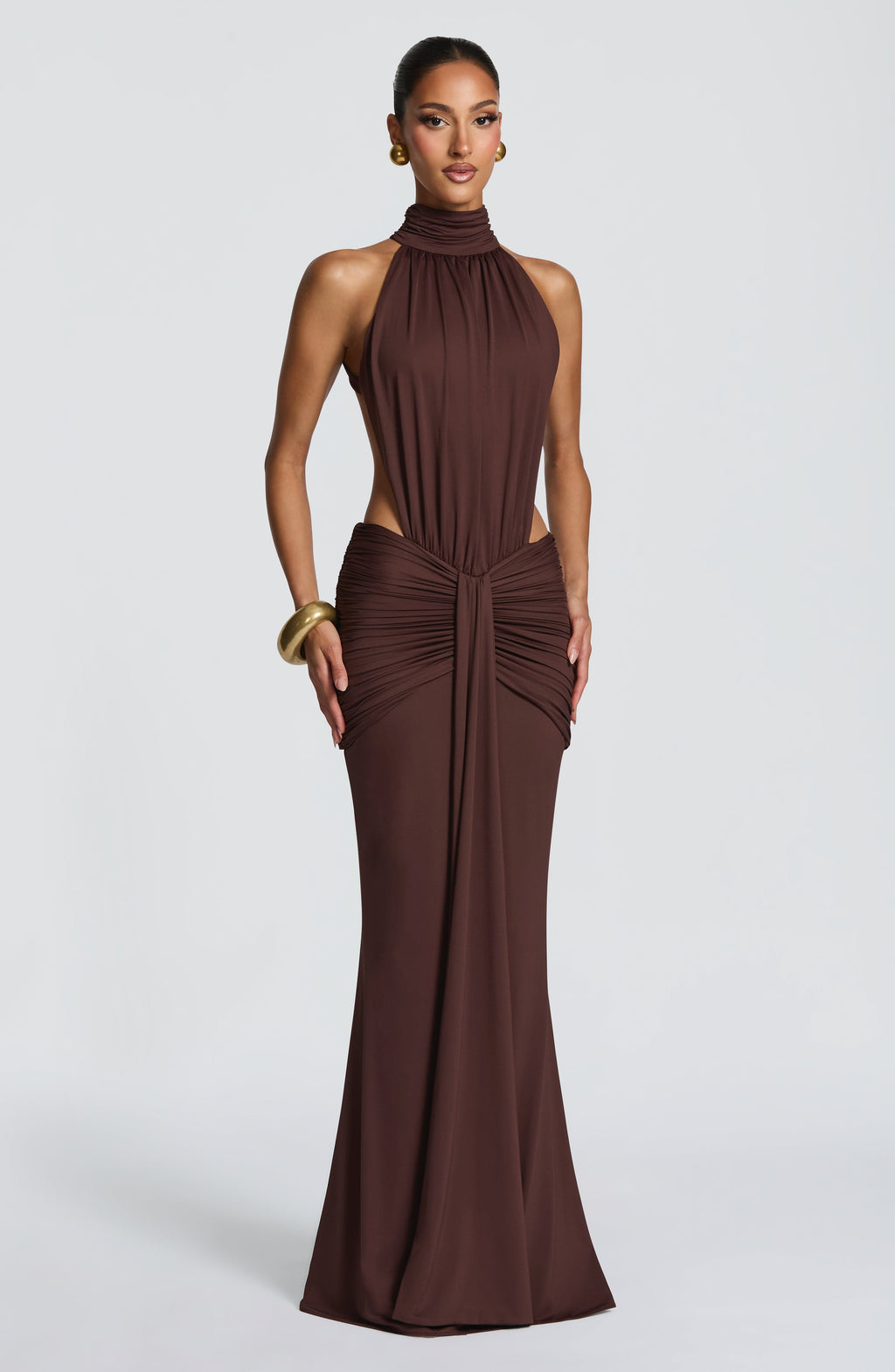Women's Halter Neck Ruched Mermaid Evening Gown with Train - 2