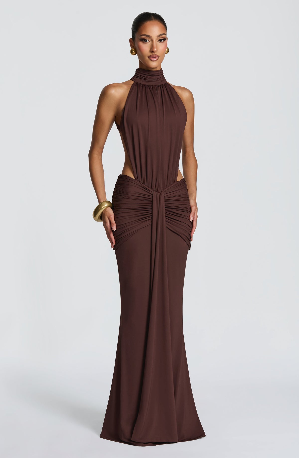 Women's Halter Neck Ruched Mermaid Evening Gown with Train - 2
