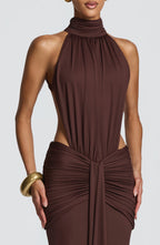 Women's Halter Neck Ruched Mermaid Evening Gown with Train - 11