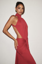 Women's Ruched Mermaid Evening Gown with Halter Neck and Train - 10