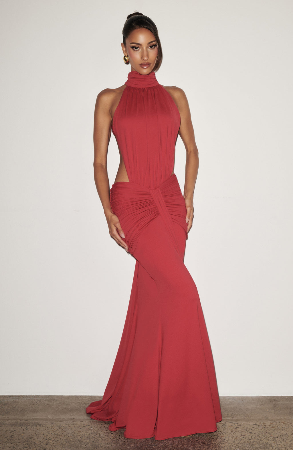 Women's Ruched Mermaid Evening Gown with Halter Neck and Train - 6