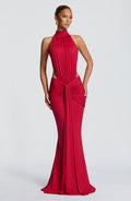 Women's Ruched Mermaid Evening Gown with Halter Neck and Train - 2