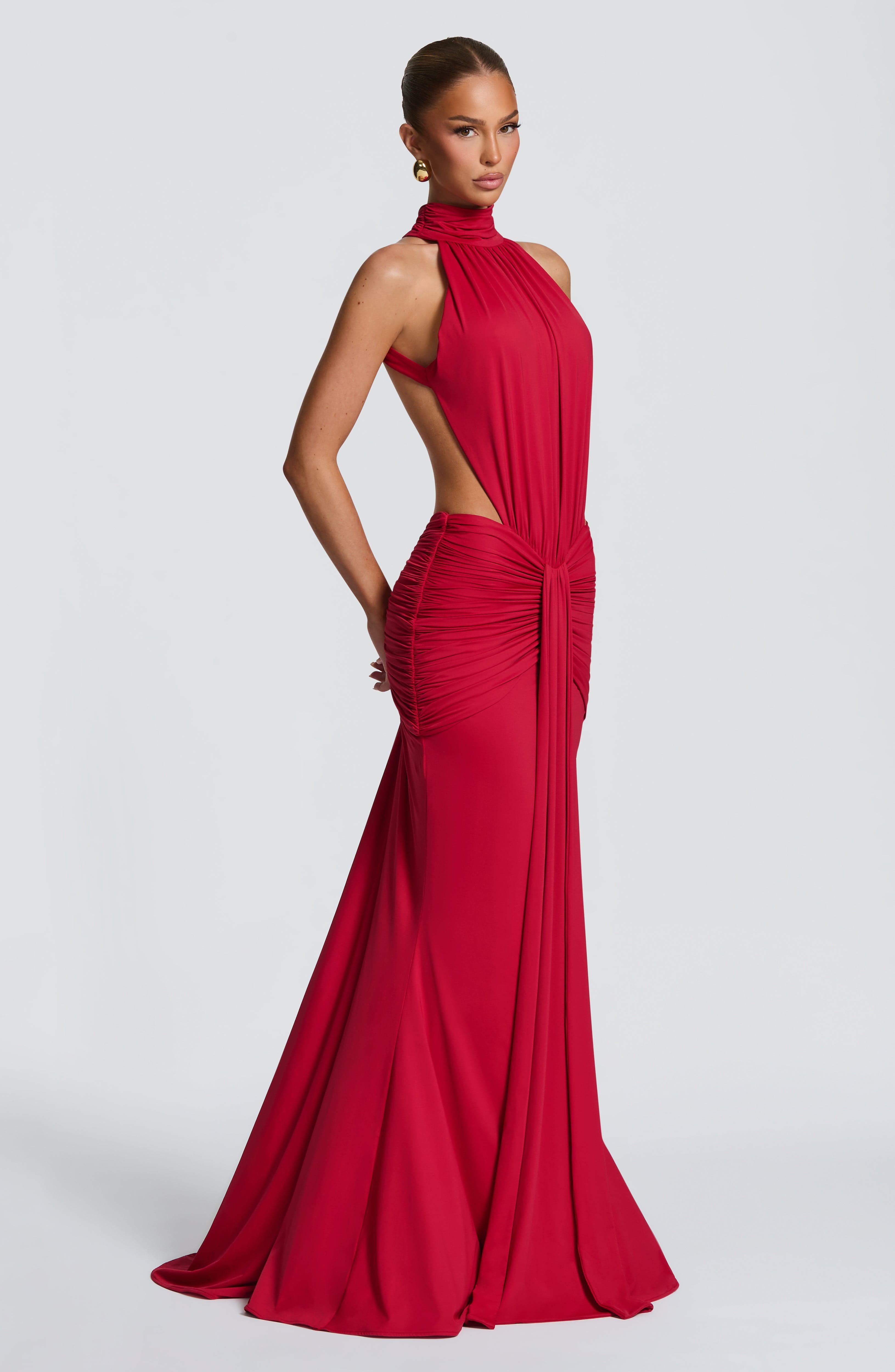 Women's Ruched Mermaid Evening Gown with Halter Neck and Train - 4