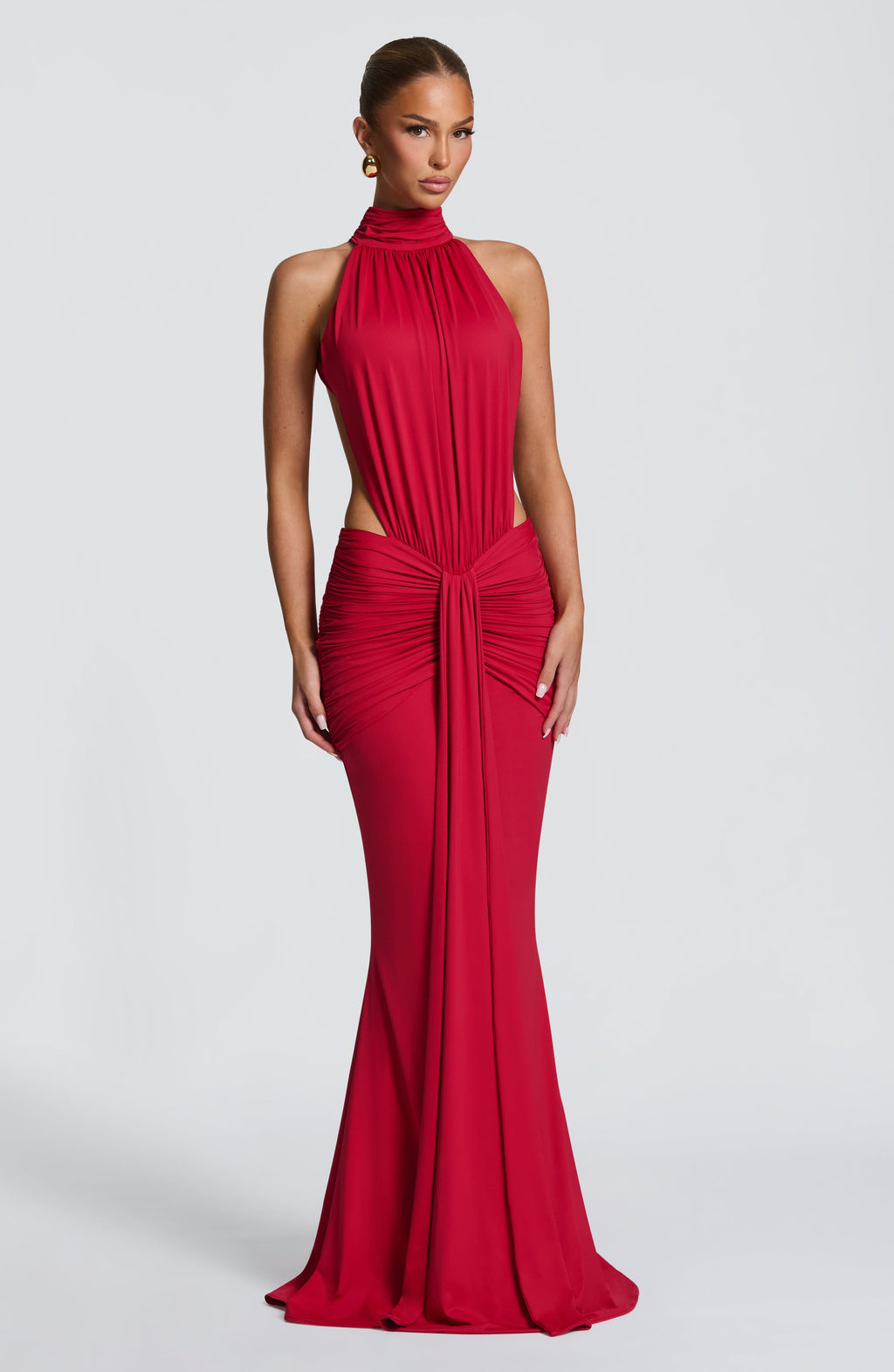 Women's Ruched Mermaid Evening Gown with Halter Neck and Train - 11