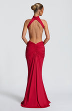 Women's Ruched Mermaid Evening Gown with Halter Neck and Train - 3