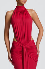 Women's Ruched Mermaid Evening Gown with Halter Neck and Train - 5