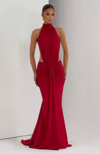 Women's Ruched Mermaid Evening Gown with Halter Neck and Train - 13