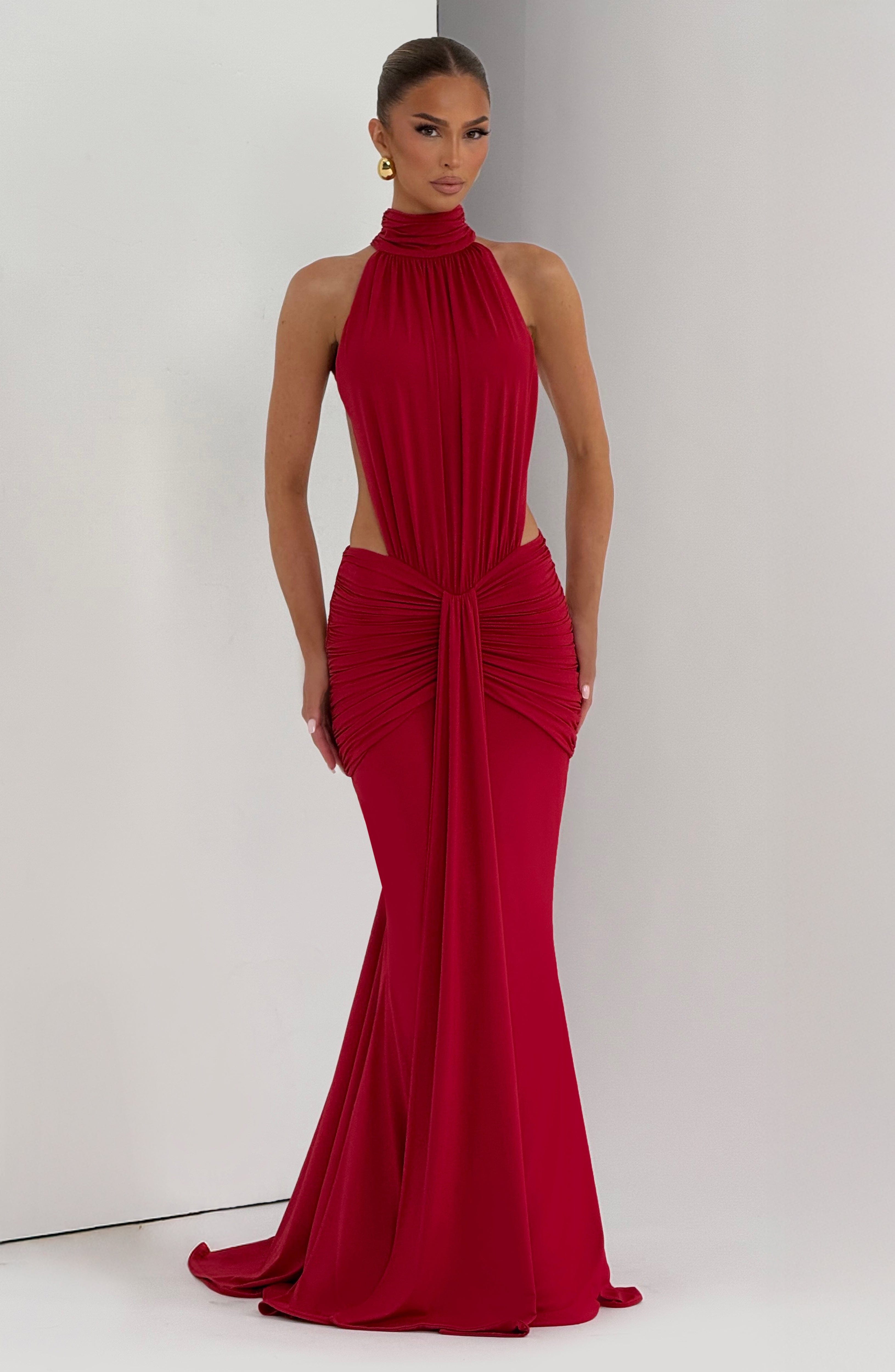 Women's Ruched Mermaid Evening Gown with Halter Neck and Train - 13