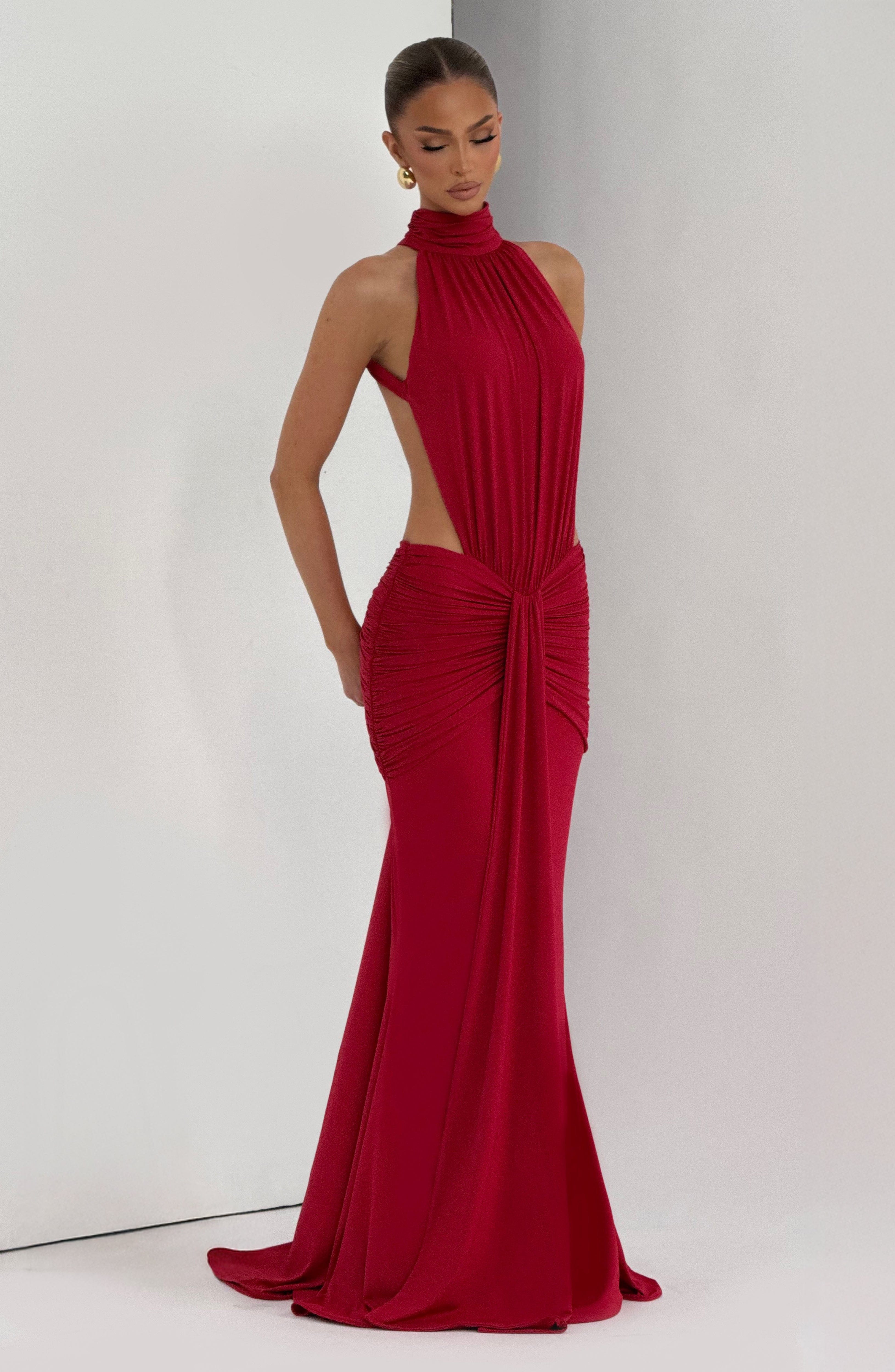 Women's Ruched Mermaid Evening Gown with Halter Neck and Train - 12