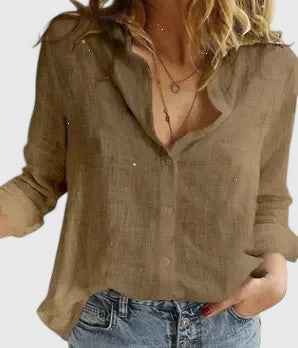 Women's Button-Down Shirt with Lapel Collar and Long Sleeves - Brown