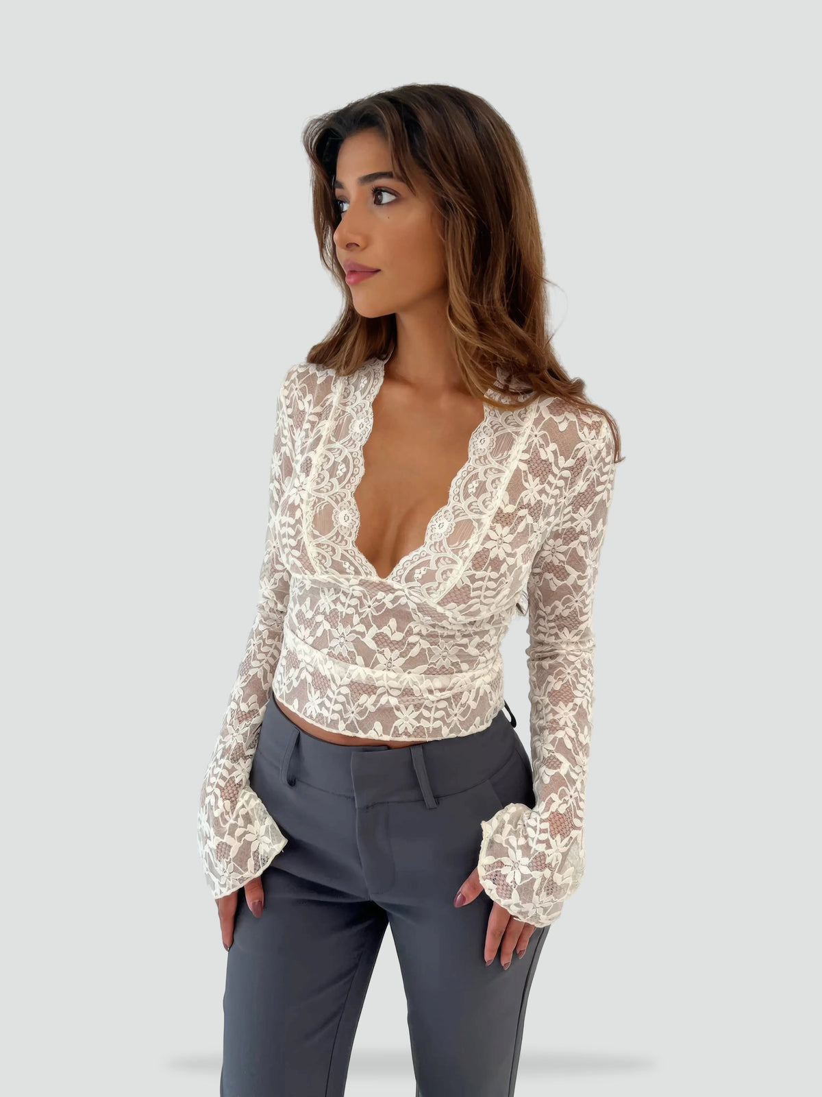 Women's Lace Top with Deep V-Neck and Long Sleeves - White