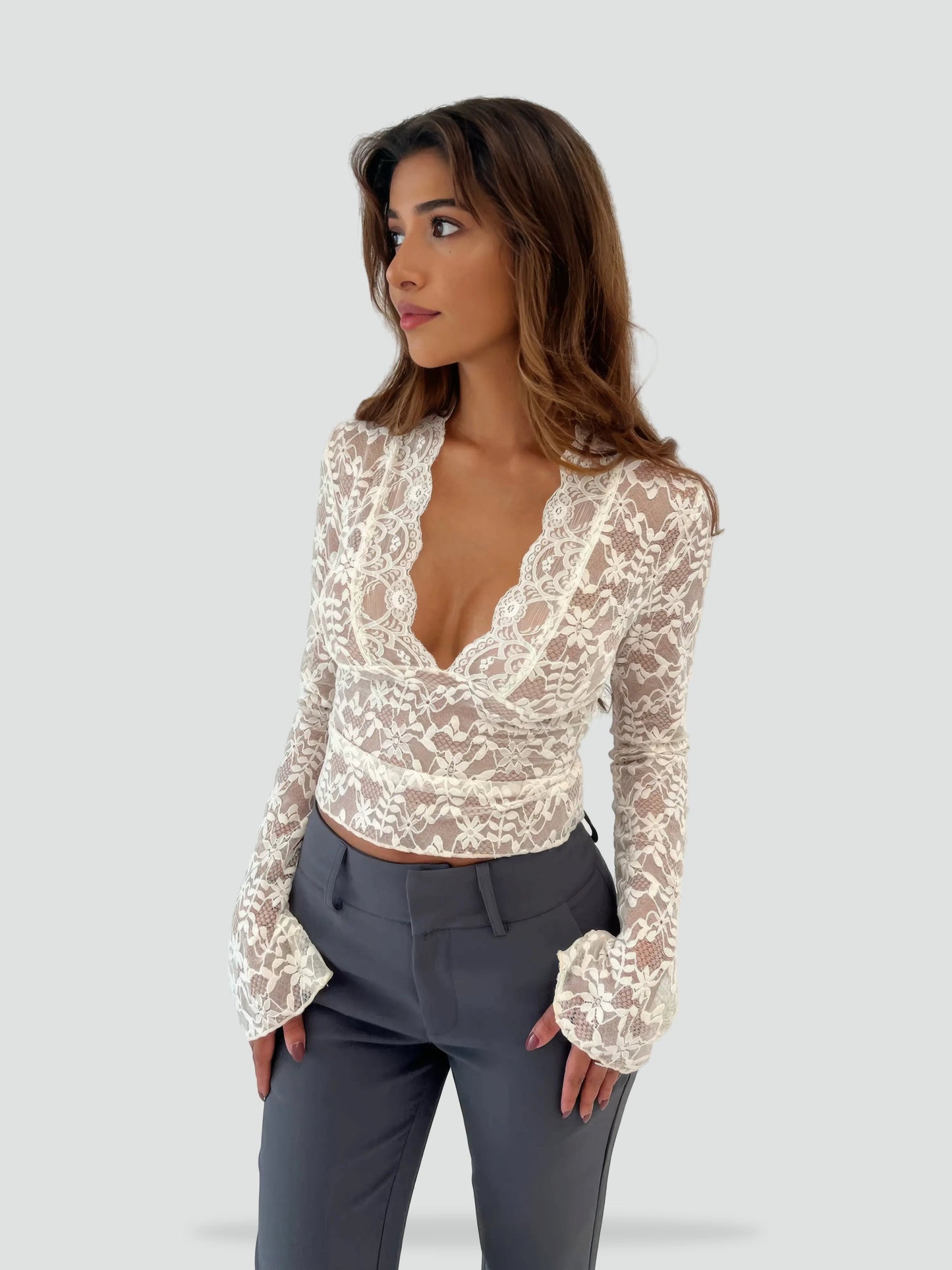 Women's Lace Top with Deep V-Neck and Long Sleeves