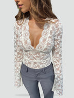 Women's Lace Top with Deep V-Neck and Long Sleeves