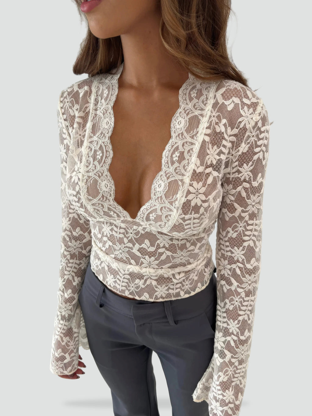 Women's Lace Top with Deep V-Neck and Long Sleeves