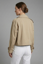 Women's Cropped Trench Coat with Double-Breasted Front and Belted Cuffs - 5