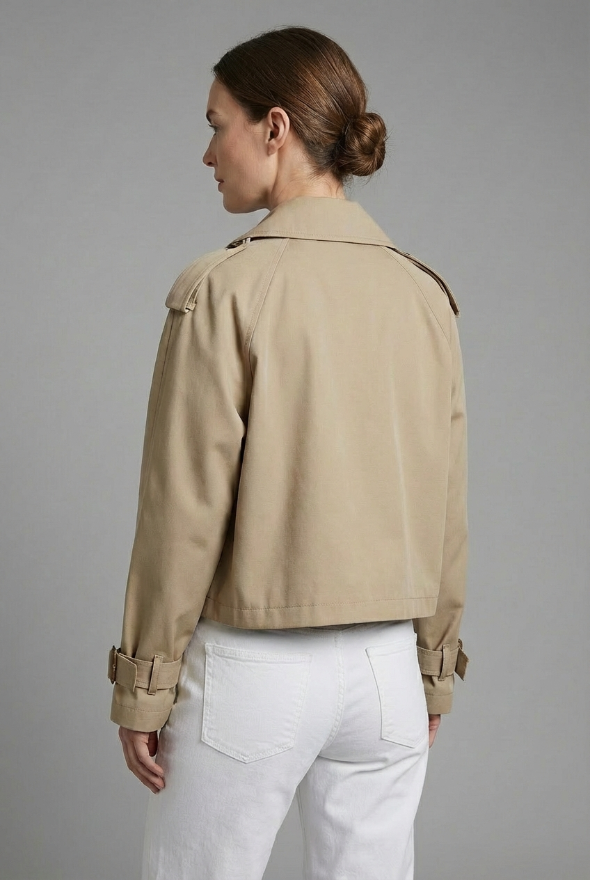 Women's Cropped Trench Coat with Double-Breasted Front and Belted Cuffs - 5
