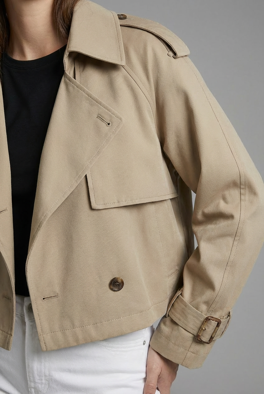 Women's Cropped Trench Coat with Double-Breasted Front and Belted Cuffs - 4