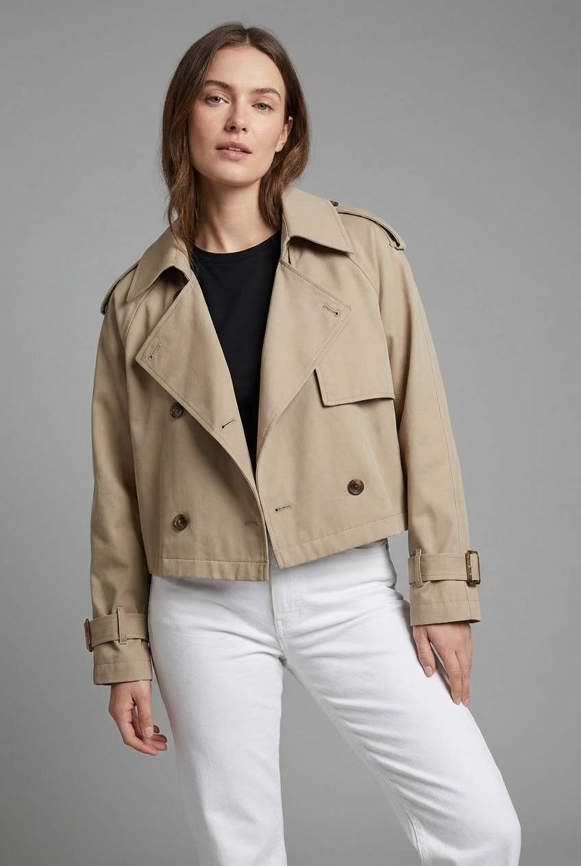 Women's Cropped Trench Coat with Double-Breasted Front and Belted Cuffs - Khaki