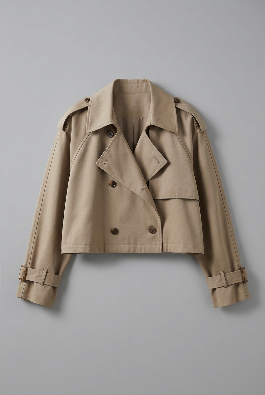 Women's Cropped Trench Coat with Double-Breasted Front and Belted Cuffs - 6