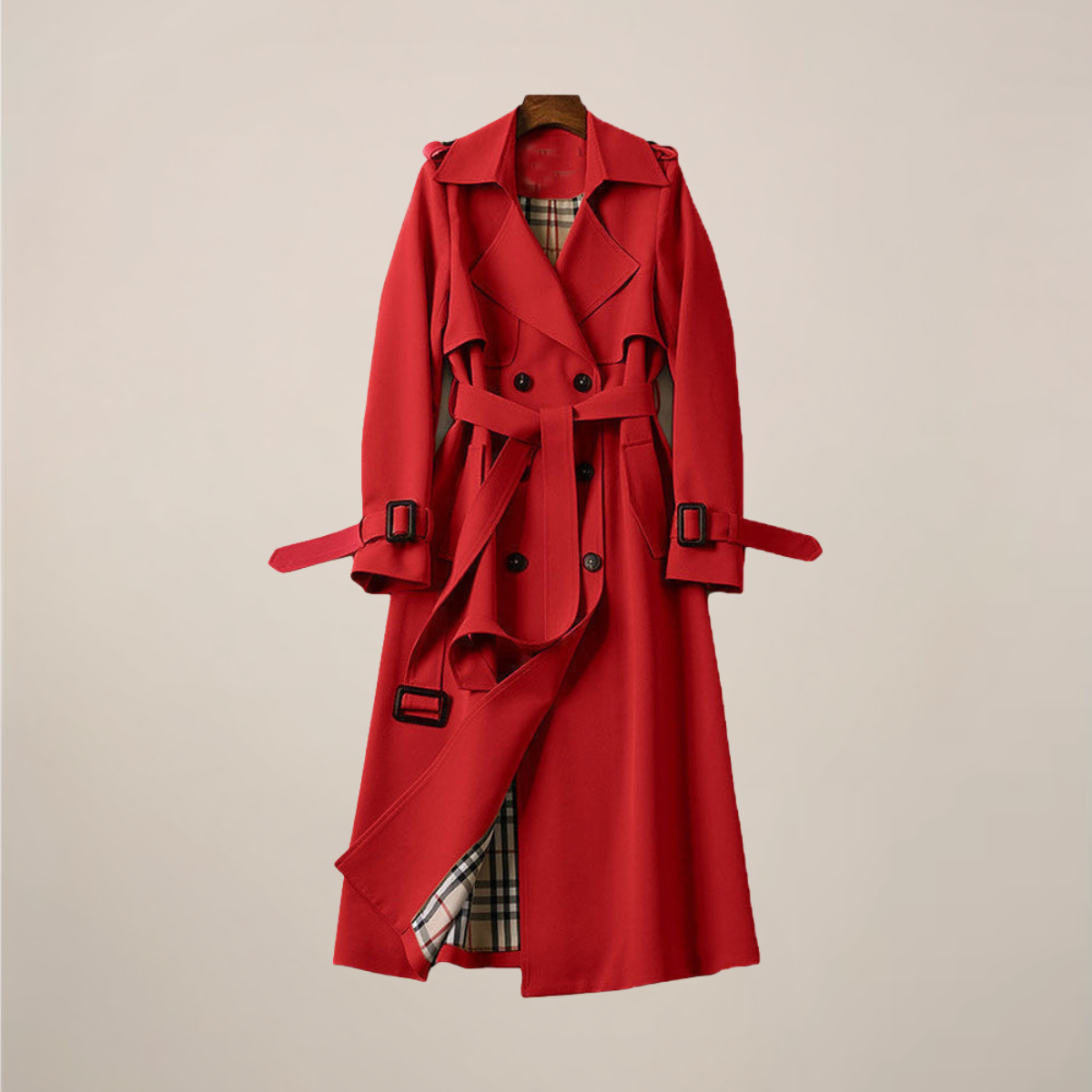 Women's Trench Coat Double Breasted with Belted Waist - Red