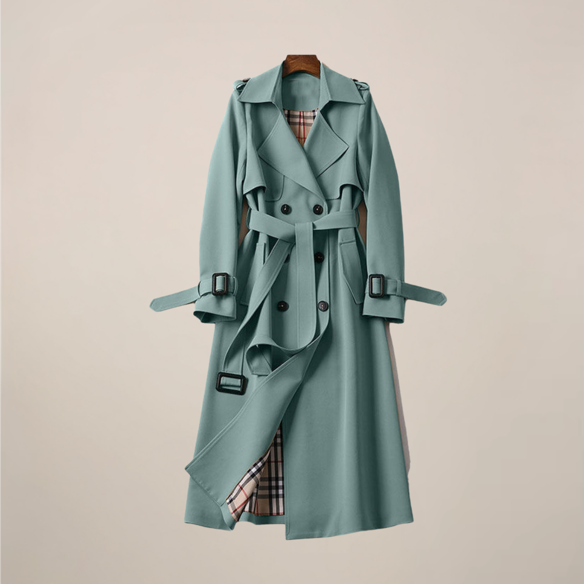 Women's Trench Coat Double Breasted with Belted Waist - Sage Green