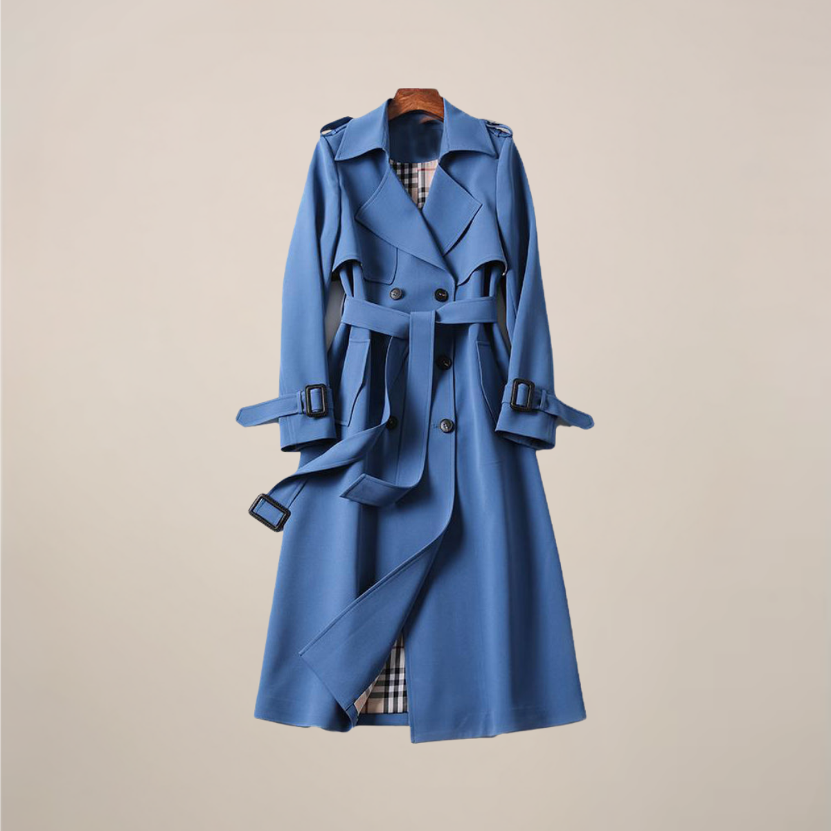 Women's Trench Coat Double Breasted with Belted Waist - Blue