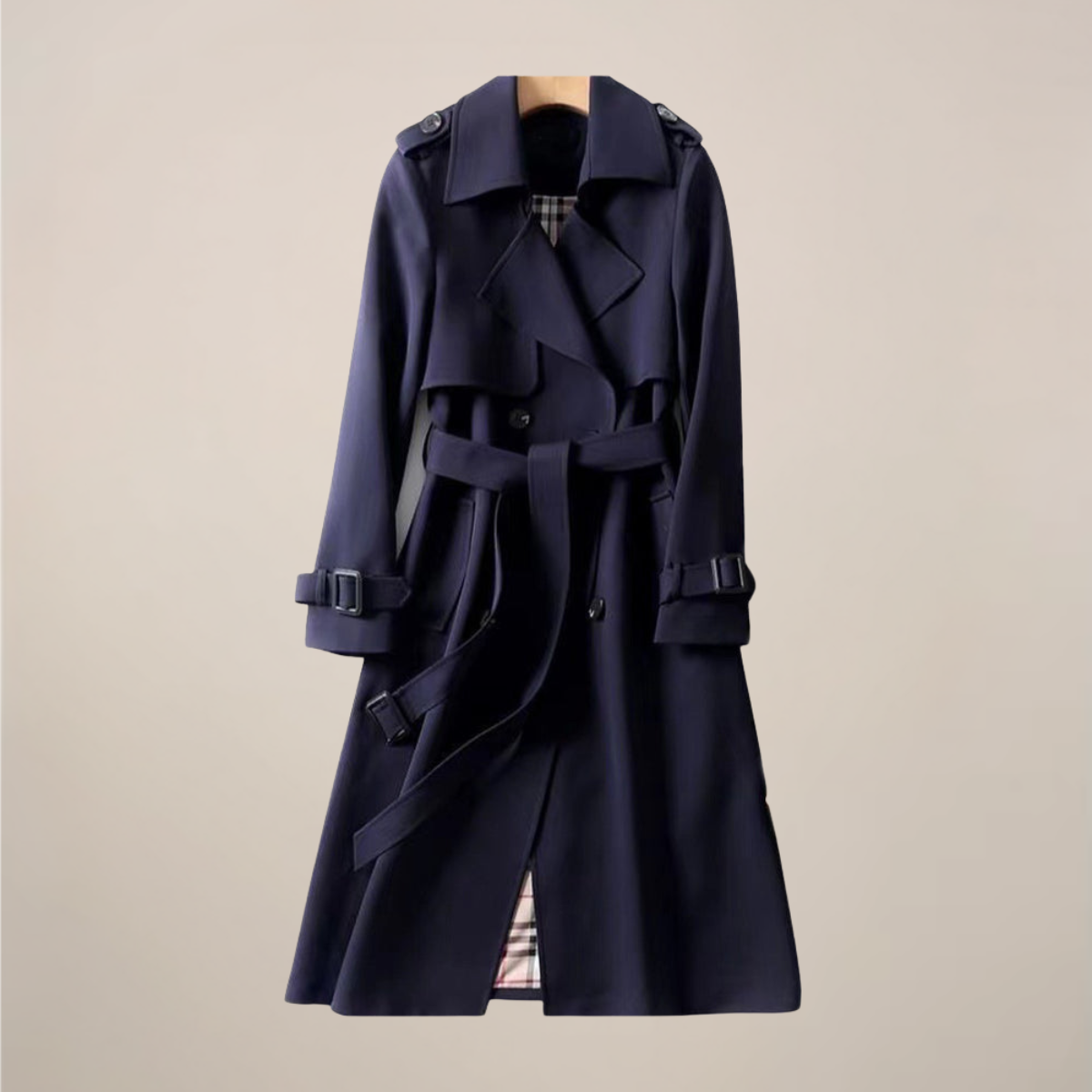 Women's Trench Coat Double Breasted with Belted Waist - Navy Blue
