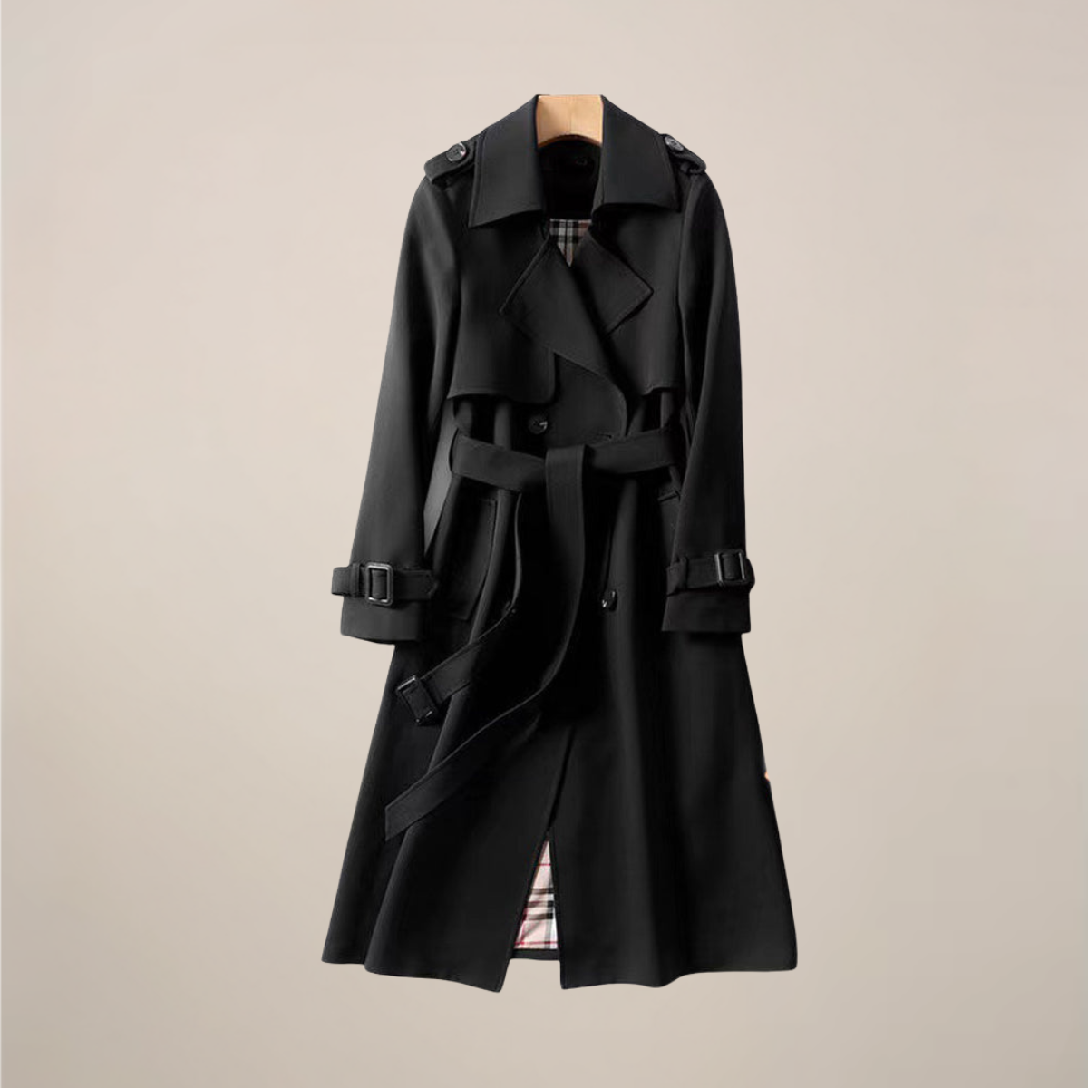 Women's Trench Coat Double Breasted with Belted Waist - Black