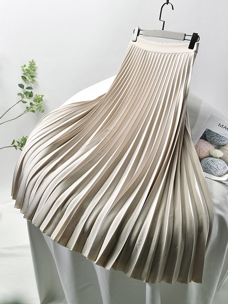 Women's High-Waisted Pleated Midi Skirt - Beige