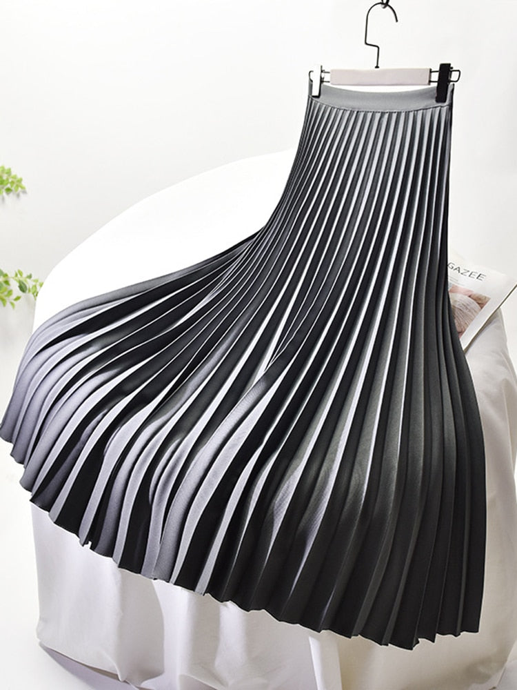 Women's High-Waisted Pleated Midi Skirt - Dark Grey
