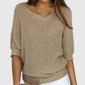 Women's Jumper with Round Neck and Batwing Sleeves - Beige