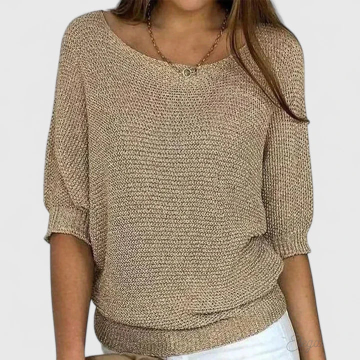 Women's Jumper with Round Neck and Batwing Sleeves - Beige