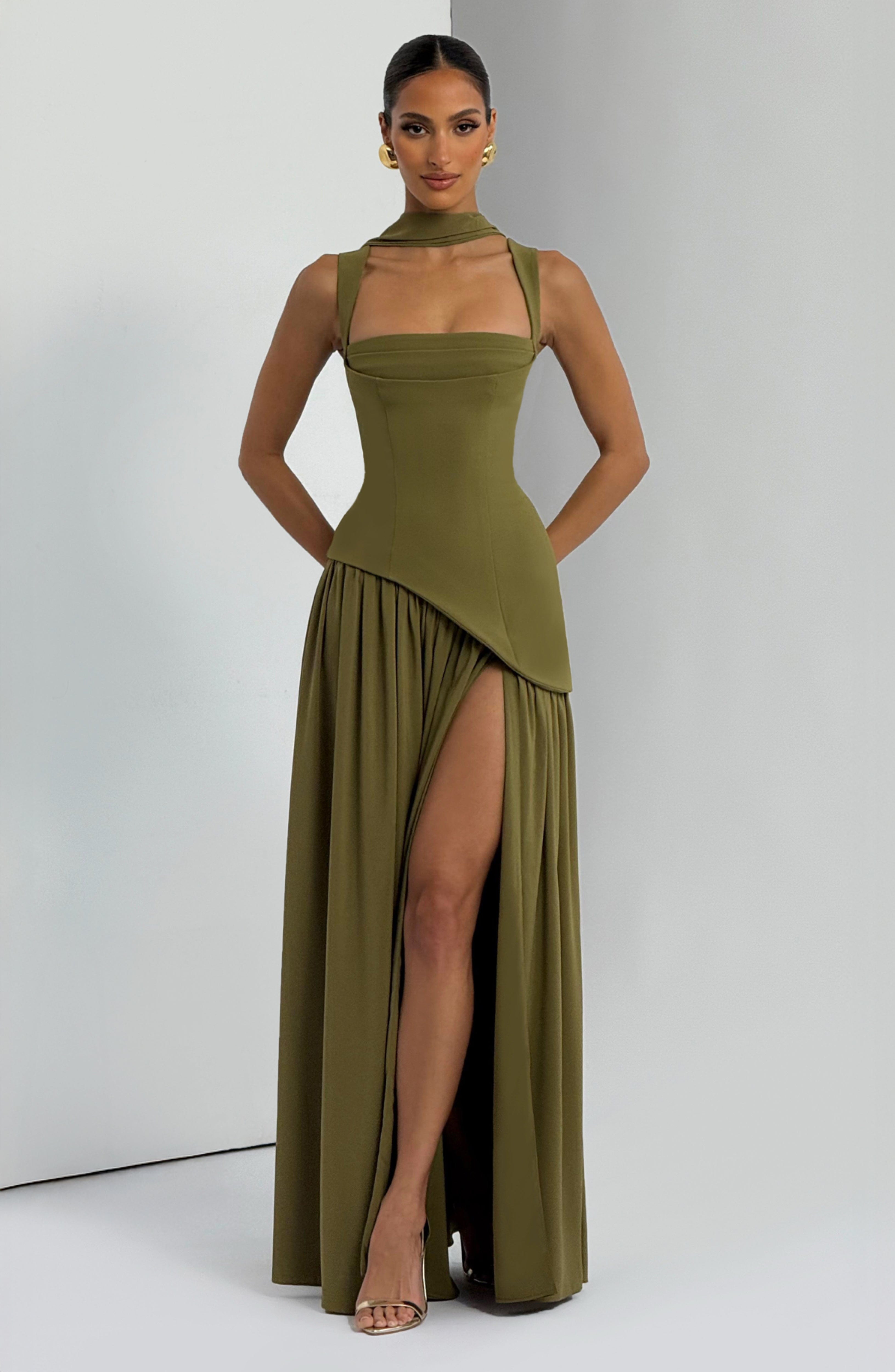 Women's Corset Maxi Dress with Chiffon Scarf and A-Line Skirt - 4