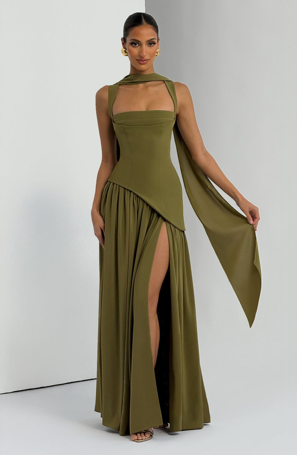 Women's Corset Maxi Dress with Chiffon Scarf and A-Line Skirt - 8