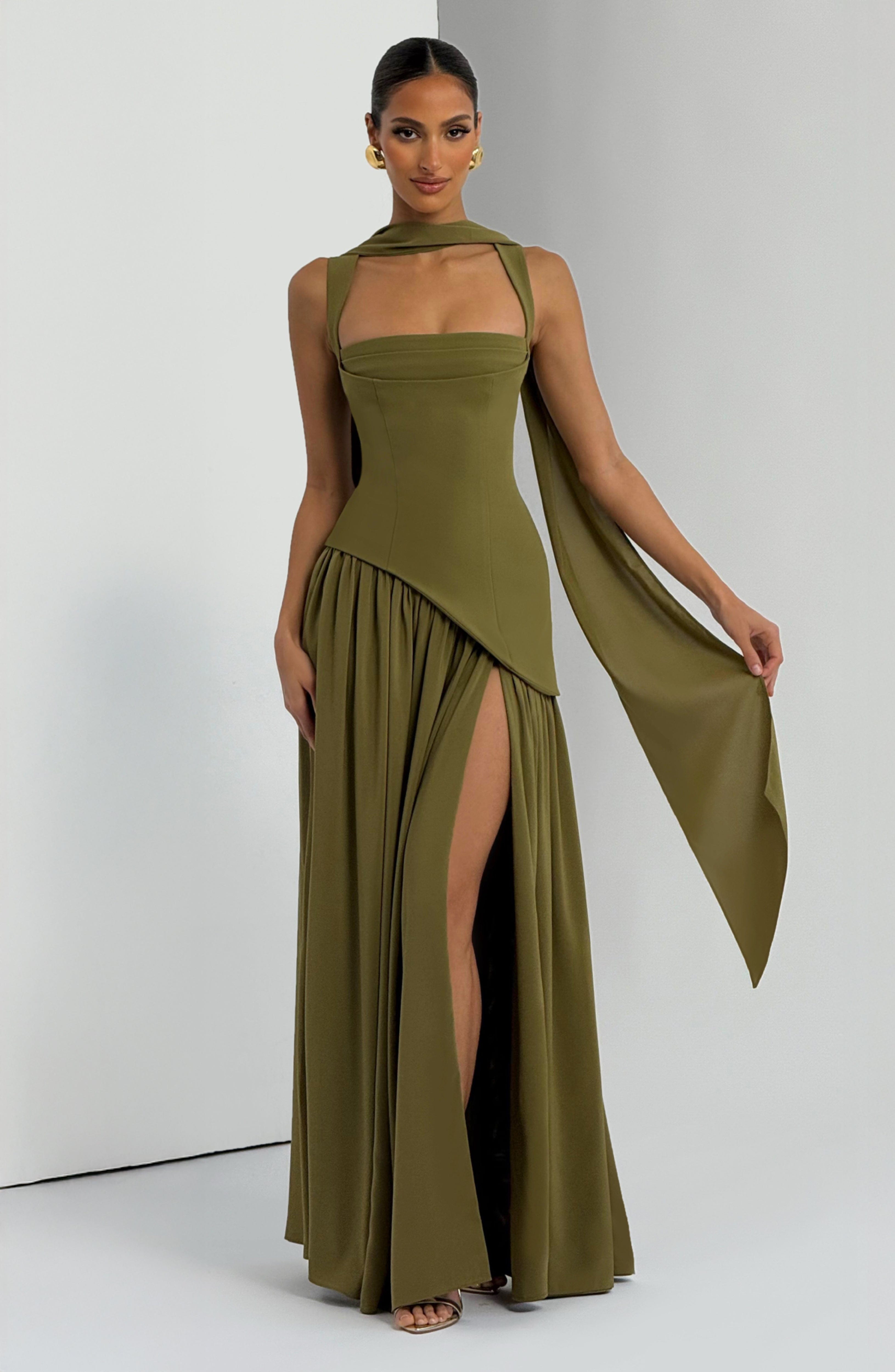 Women's Corset Maxi Dress with Chiffon Scarf and A-Line Skirt - 8