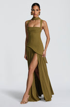 Women's Corset Maxi Dress with Chiffon Scarf and A-Line Skirt - 3