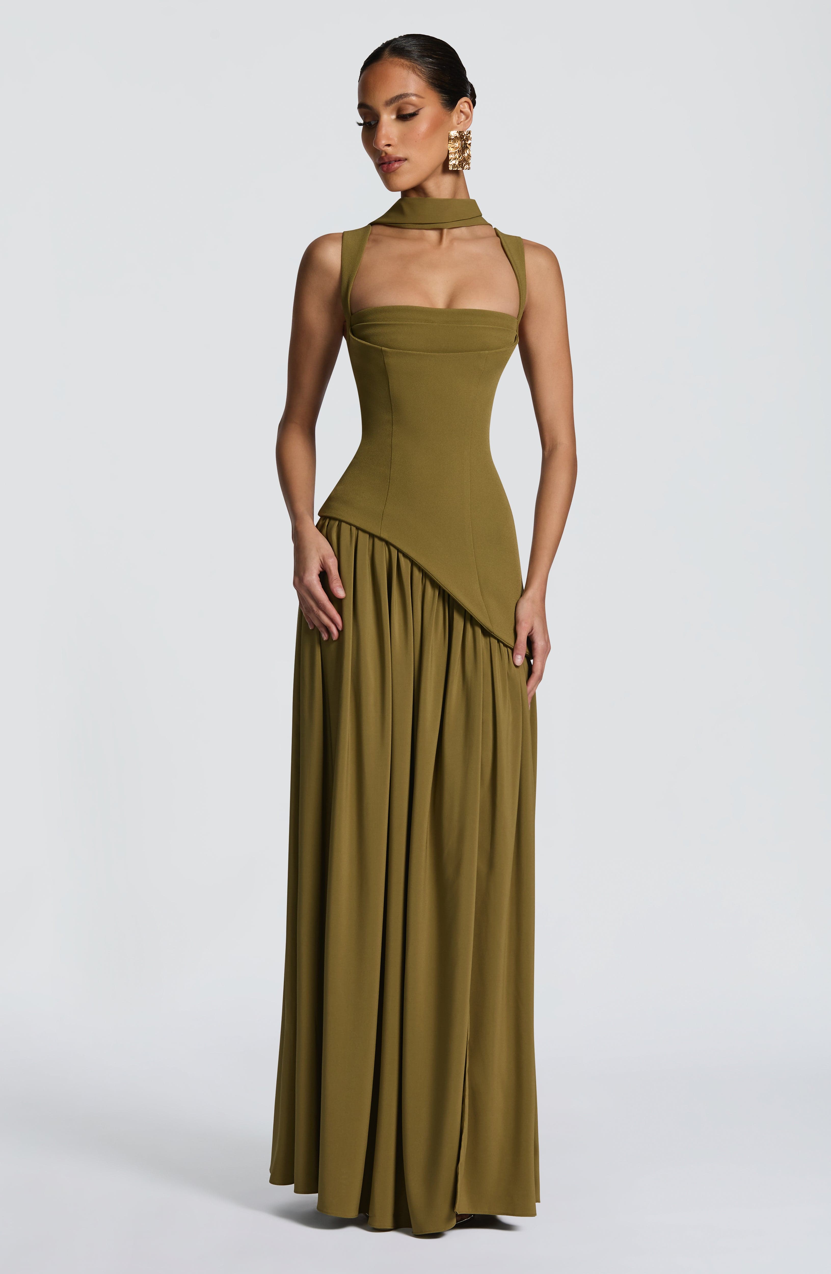 Women's Corset Maxi Dress with Chiffon Scarf and A-Line Skirt - 10