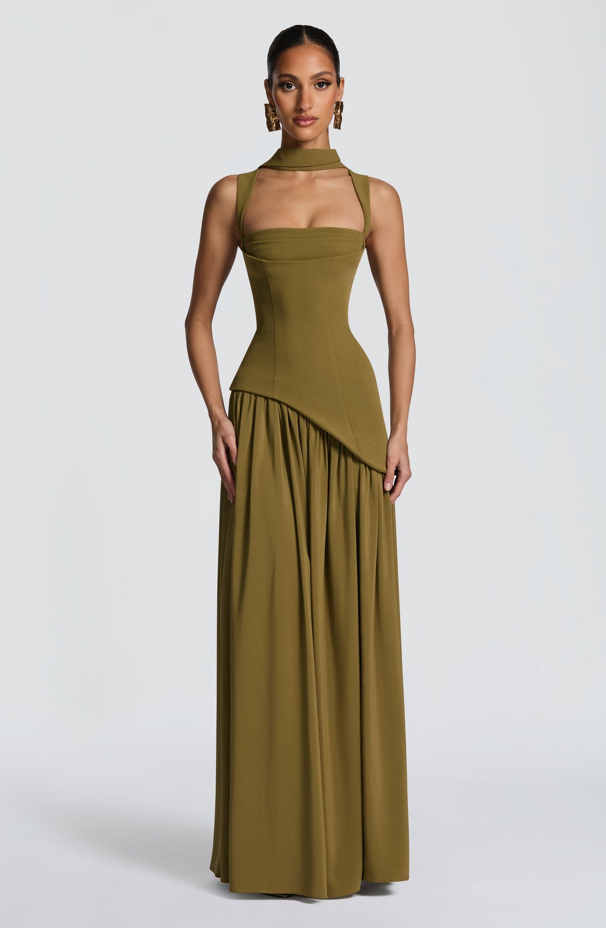 Women's Corset Maxi Dress with Chiffon Scarf and A-Line Skirt - 2