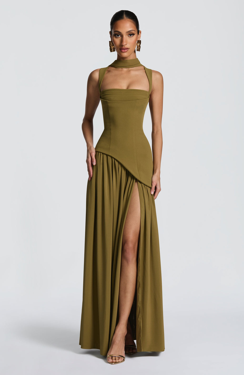 Women's Corset Maxi Dress with Chiffon Scarf and A-Line Skirt - 11