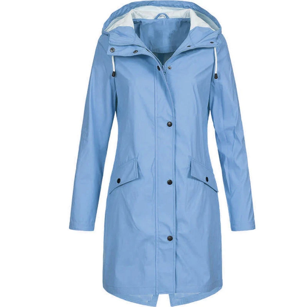 Women's Long Hooded Rain Jacket with Snap Fastening - Blue