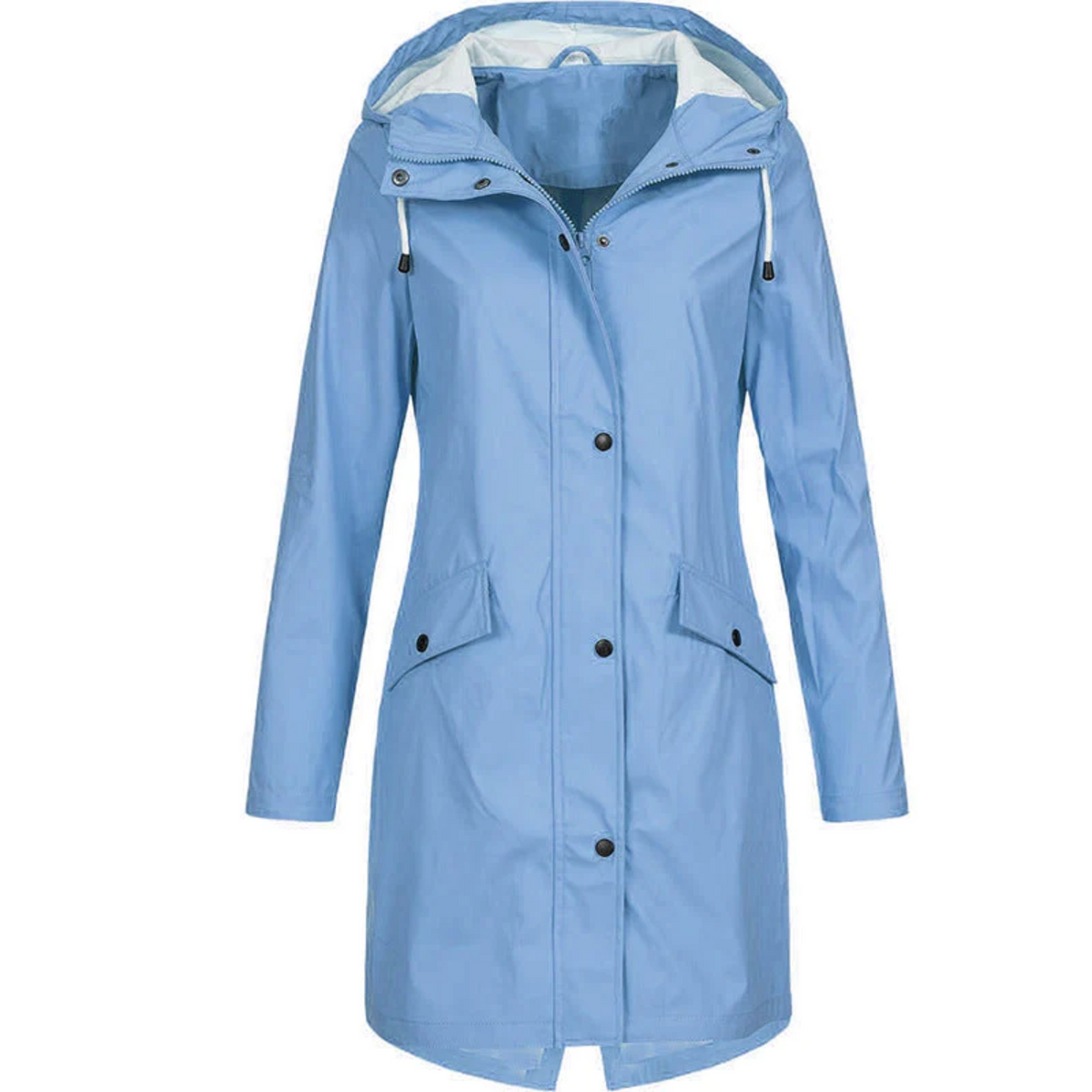 Women's Long Hooded Rain Jacket with Snap Fastening - Blue