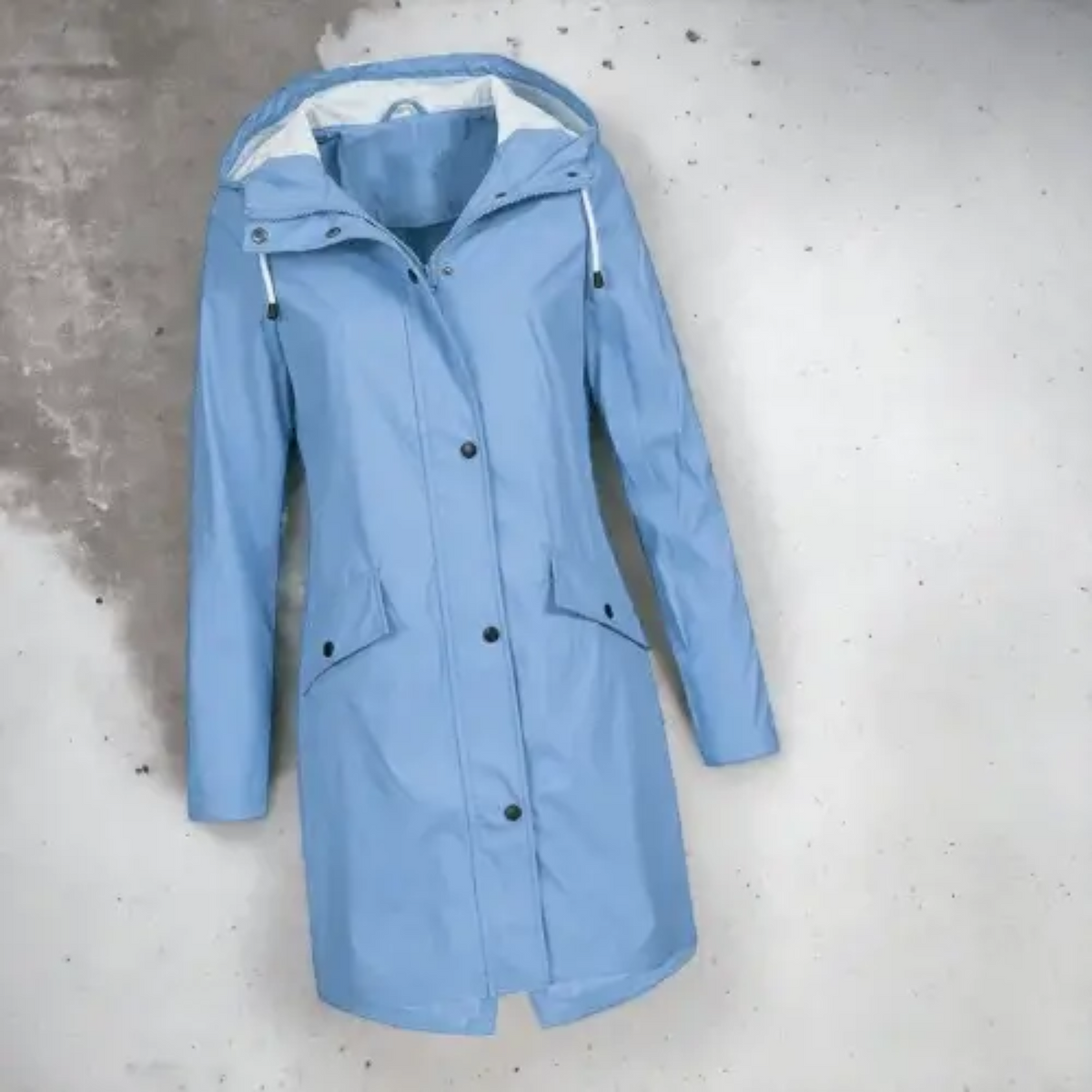 Women's Long Hooded Rain Jacket with Snap Fastening