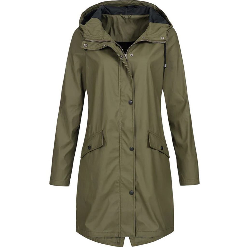 Women's Long Hooded Rain Jacket with Snap Fastening - Green