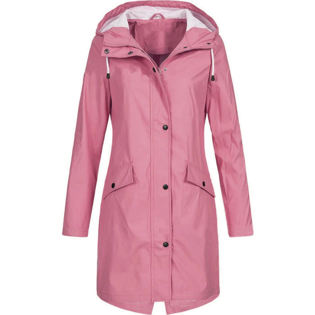 Women's Long Hooded Rain Jacket with Snap Fastening - Pink