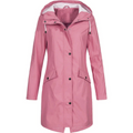 Women's Long Hooded Rain Jacket with Snap Fastening - Pink