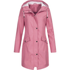 Women's Long Hooded Rain Jacket with Snap Fastening - Pink