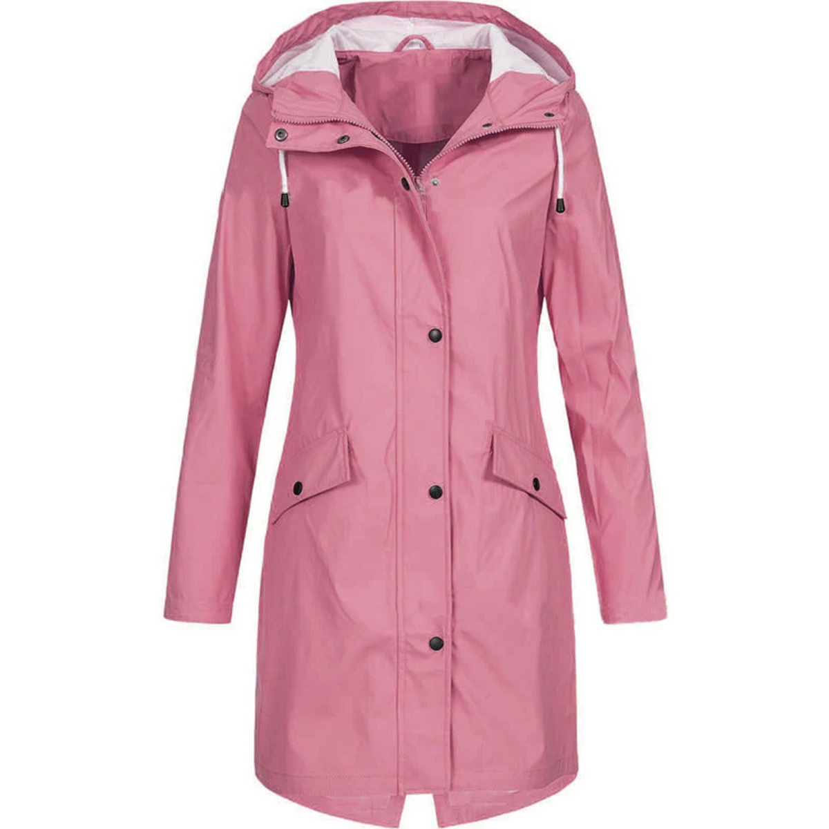 Women's Long Hooded Rain Jacket with Snap Fastening - Pink
