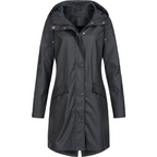 Women's Long Hooded Rain Jacket with Snap Fastening - Black