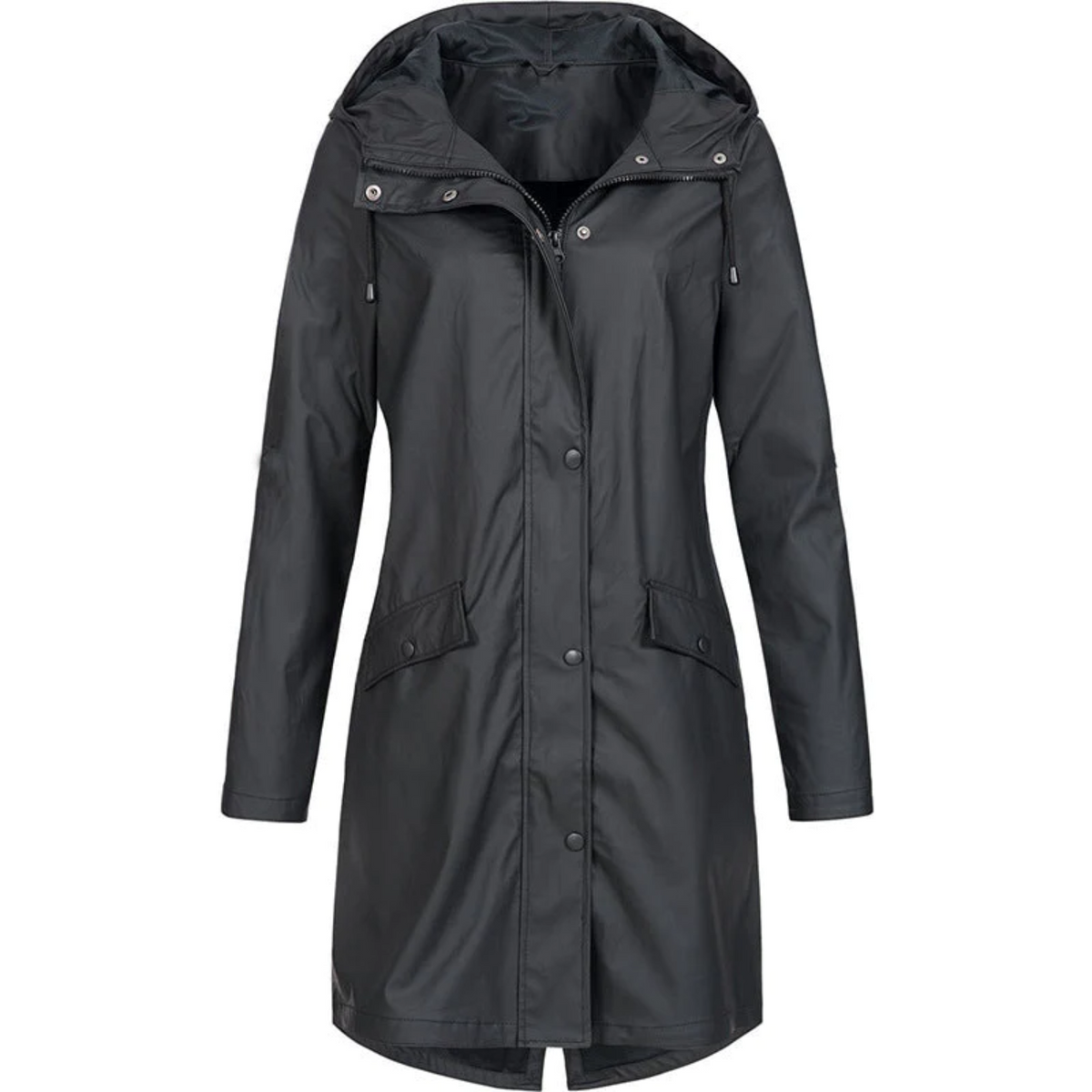 Women's Long Hooded Rain Jacket with Snap Fastening - Black