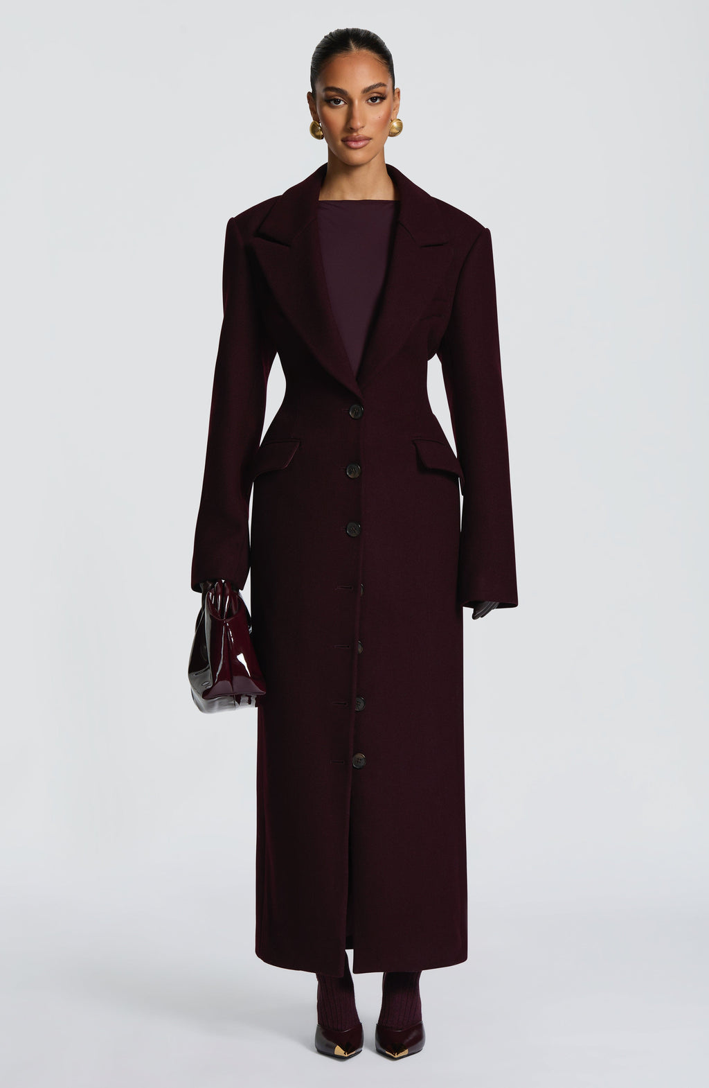 Women's Long Overcoat with Notched Lapel and Tailored Waist - 2
